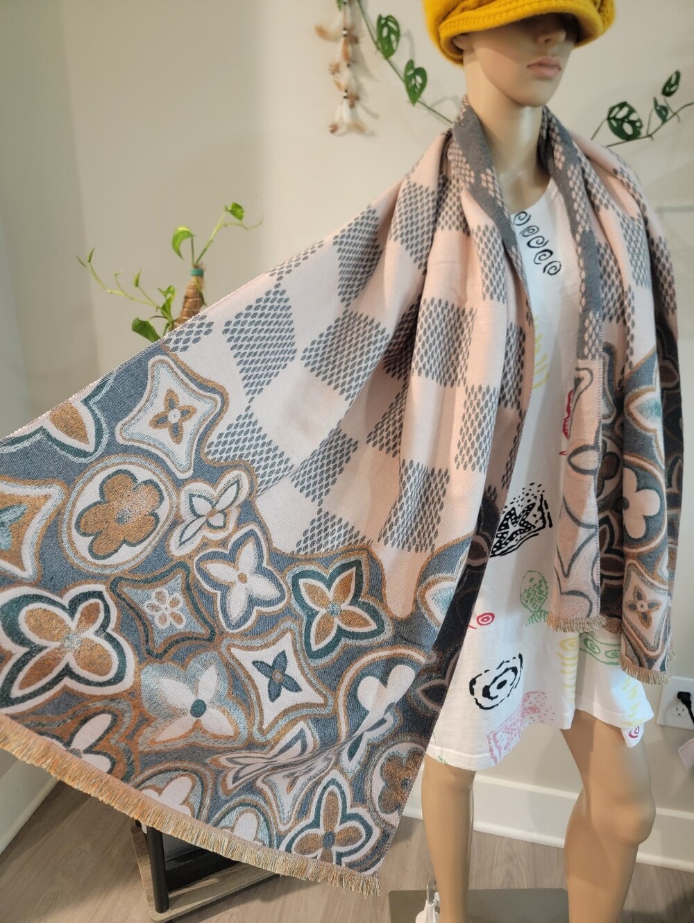 Luxury Floral Checkered Scarf in Blush Pink and Gray Scarf Wrap Poncho Cape